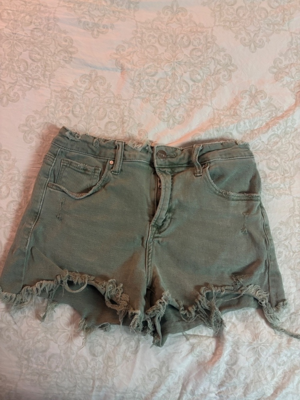 RISEN JEANS High Rise Shorts Size M Medium Stretch Frayed Hem Olive Green